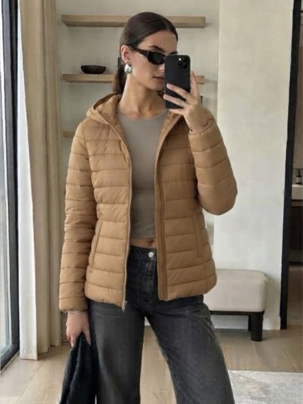 Massimo Dutti Lightweight Packable Puffer Jacket Hooded Camel Tan Brown Size M